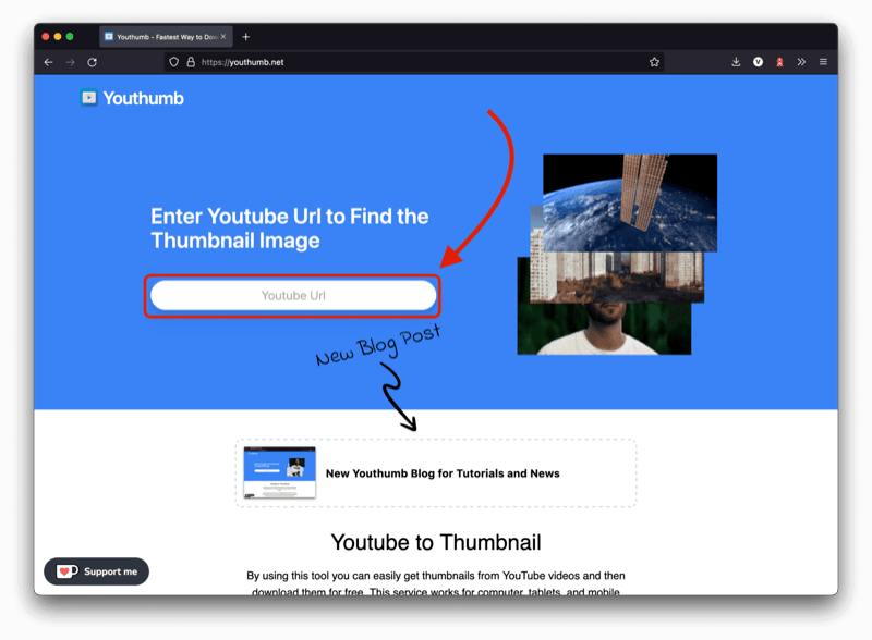 Image showing Youthumb and highlighting the input field to enter youtube url