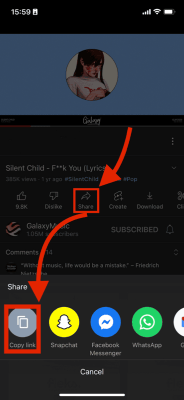 Image showing how to get the youtube url from the Youtube app