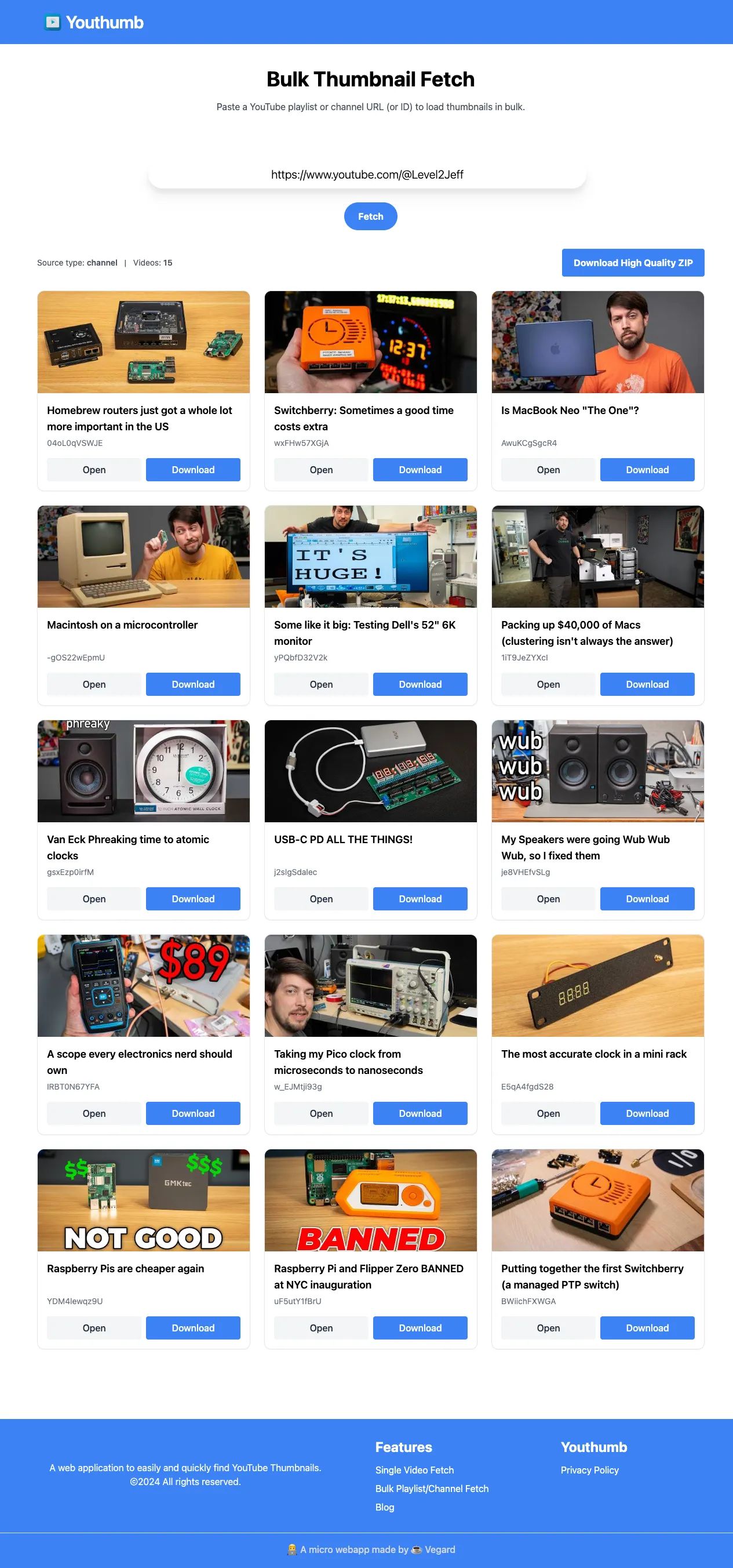 Full bulk fetch page showing many thumbnails from the Level2Jeff channel